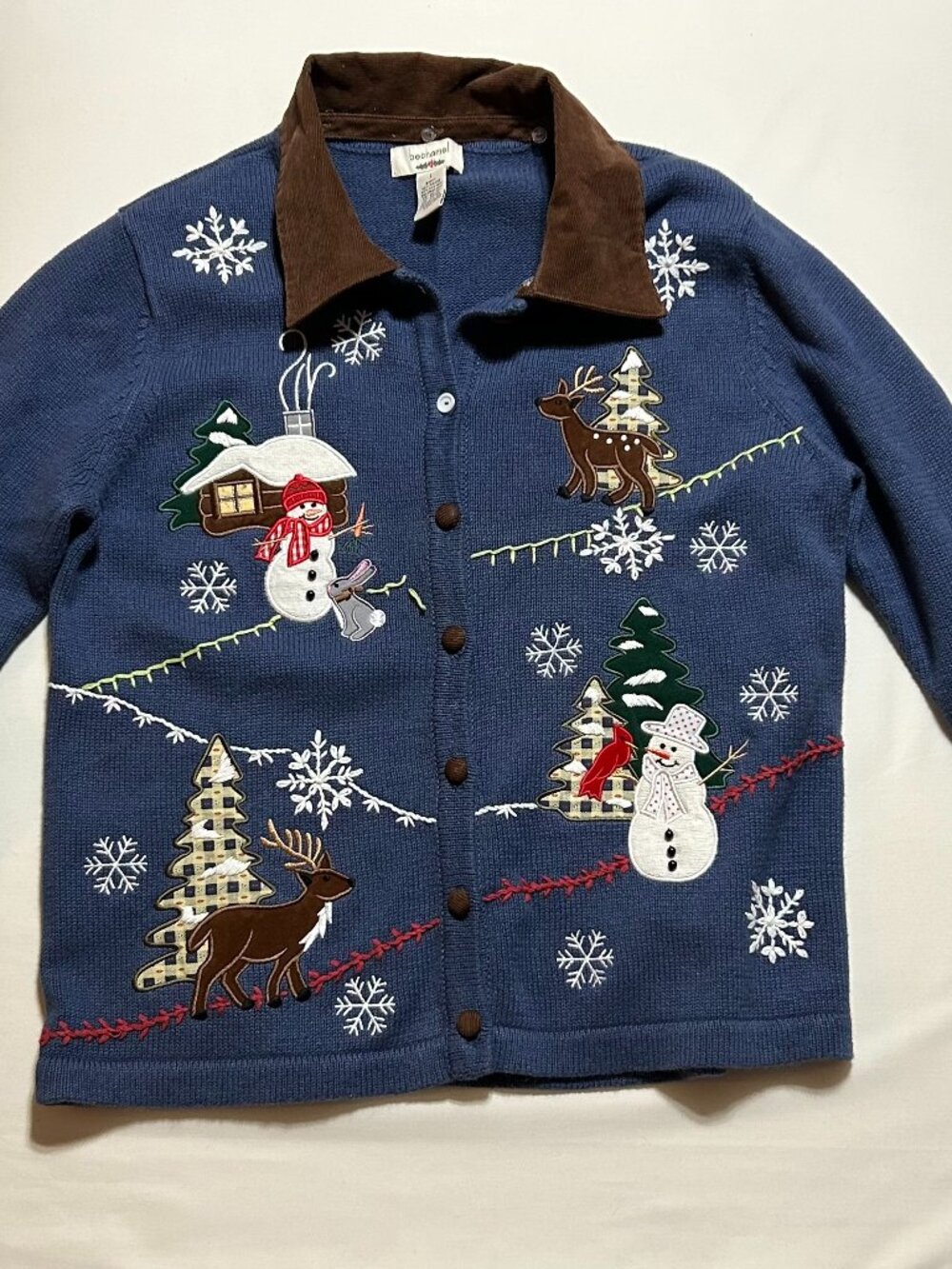 bechamel holiday sweater; Embroidered Christmas/Snowmen; Blue/Brown; Size Large
